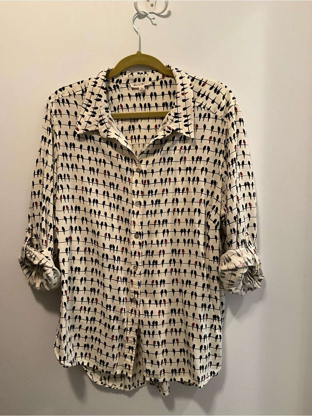 Jane and Delancey Cream Button-Down Shirt with Black & Red Parrot Motif